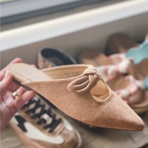 Corkys Footwear Knotty But Nice Pointy Toe Flat Mule Camel Faux Suede Shoes